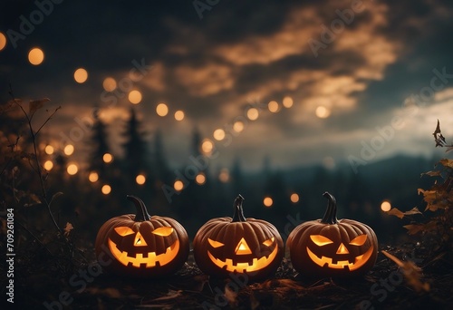 Festive background decoration for Halloween Two glowing pumpkins forest against evening sky with hal