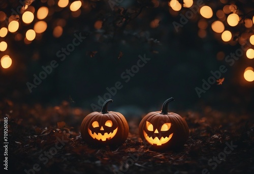 Festive background decoration for Halloween Two glowing pumpkins forest against evening sky with hal