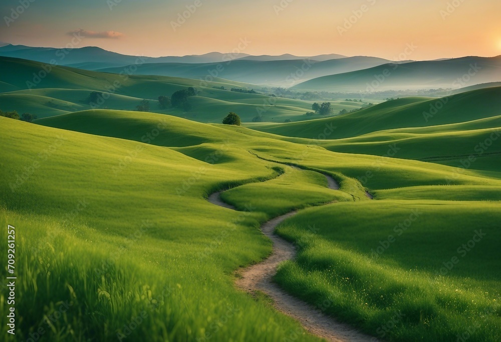 Picturesque winding path through a green grass field in hilly area in morning at dawn against blue s