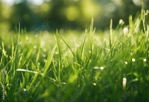 Natural green background of young juicy grass in sunlight with beautiful bokeh Lush grass close-up i
