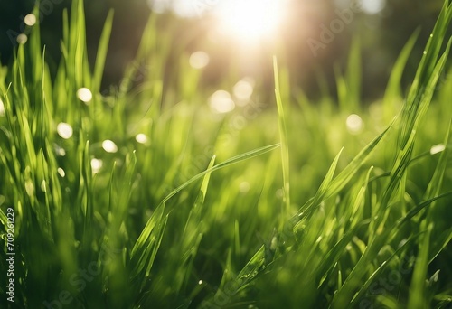 Natural green background of young juicy grass in sunlight with beautiful bokeh Lush grass close-up i