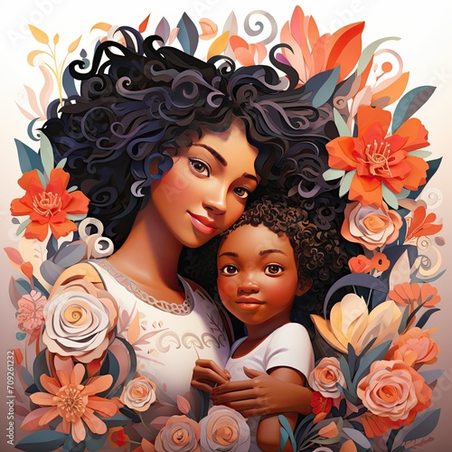 Happy Mother's Day. Happy mother holding a cute child. Greetings card decorated fuzz peach flowers and leaves. American family on the holiday.