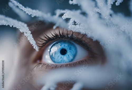 Open expressive blue eyes with frost or snow on eyelashes macro close-up in winter Bright sensual ex photo