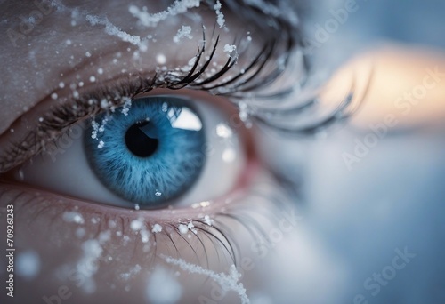 Open expressive blue eyes with frost or snow on eyelashes macro close-up in winter Bright sensual ex photo