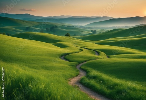 Picturesque winding path through a green grass field in hilly area in morning at dawn against blue s