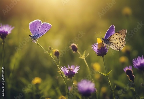 Small wild purple flowers in grass and two yellow butterflies soaring in nature in rays of sunlight © ArtisticLens