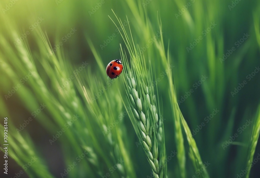 Young juicy fresh green wheat ears spikes and a ladybug on nature close-up macro Beautiful texture o Young juicy fresh green wheat ears spikes and a ladybug on nature close-up macro Beautiful texture o