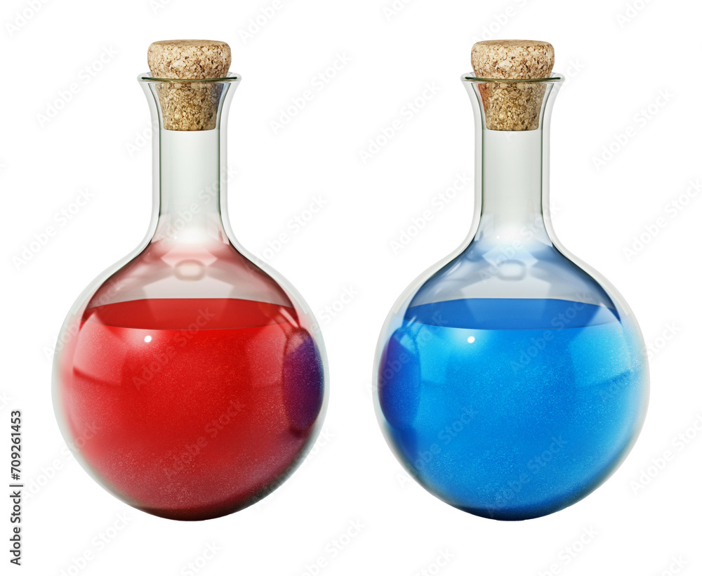 Health and mana potions isolated on transparent background. 3D illustration Health and mana potions isolated on transparent background. 3D illustration