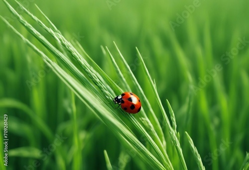 Young juicy fresh green wheat ears spikes and a ladybug on nature close-up macro Beautiful texture o