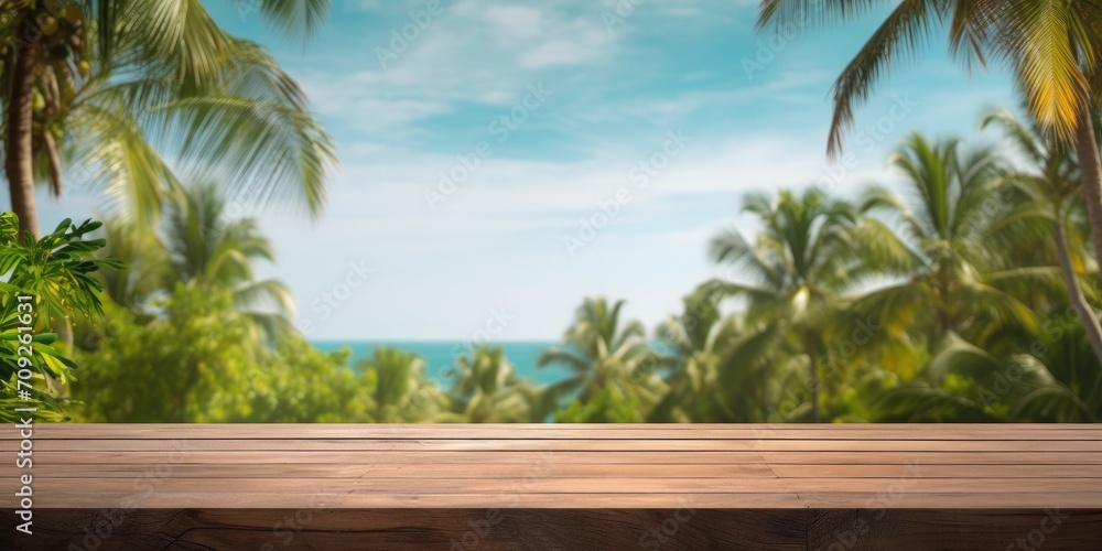 Mock up template displaying design with wooden table top and blurred tropical forest backdrop including green palm leaves, sky, and sea. Mock up template displaying design with wooden table top and blurred tropical forest backdrop including green palm leaves, sky, and sea.