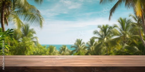 Mock up template displaying design with wooden table top and blurred tropical forest backdrop including green palm leaves  sky  and sea.