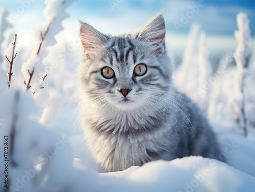 Winter Portrait of a Cute Feline in the Snow