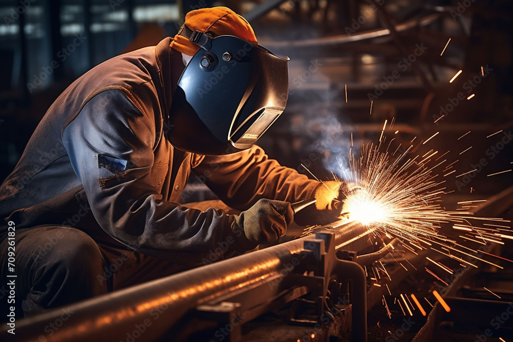 A welder in protective gear focuses intently on his work, creating a shower of bright sparks as he works on metal fabrication in an industrial environment A welder in protective gear focuses intently on his work, creating a shower of bright sparks as he works on metal fabrication in an industrial environment