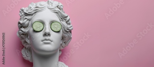 Face sculpture of Aphrodite with sliced cucumber slices over her eyes on a pink background. photo