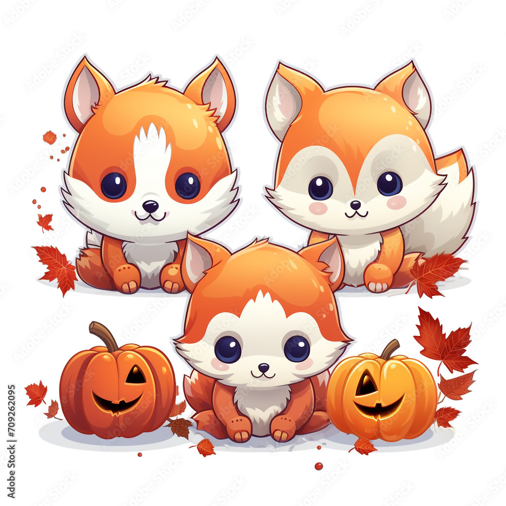 stickers automn, kawaii, cute, cartoon on a white background created with Generative Ai