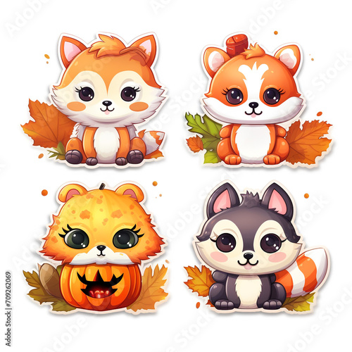 stickers automn, kawaii, cute, cartoon on a white background created with Generative Ai