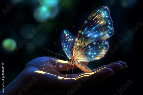 Fototapeta Papiloon bleu lumineux posé sur une main