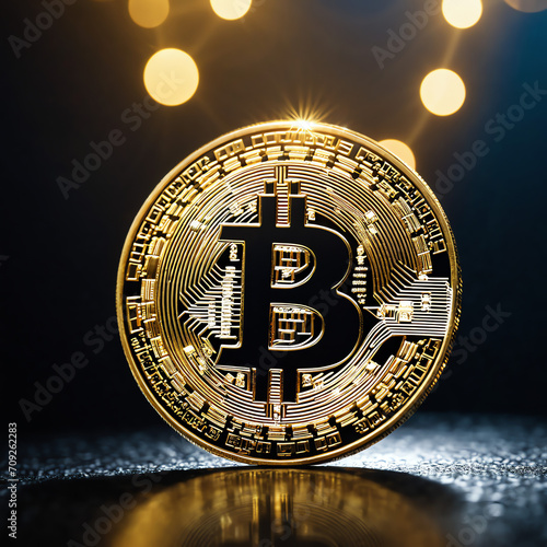 Close-up of illuminated Bitcoin against a dark backdrop, square image.
