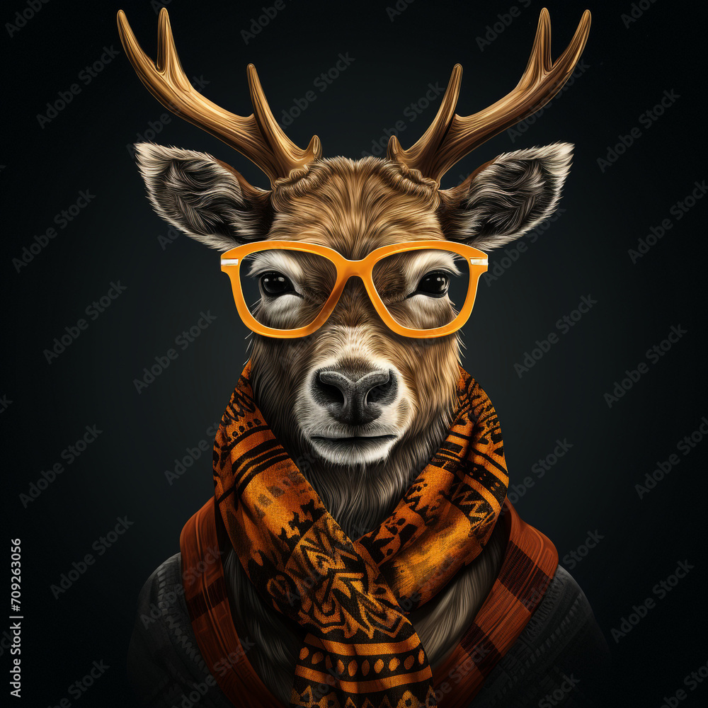 Naklejka premium a deer in glasses and scarf, in the style of realistic images created with Generative Ai