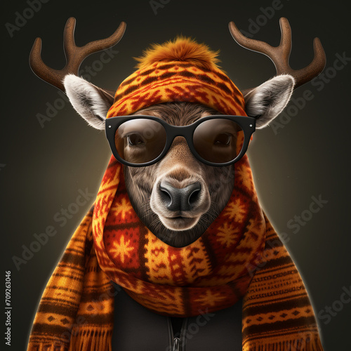 a deer in glasses and scarf, in the style of realistic images created with Generative Ai © Andrii Yablonskyi