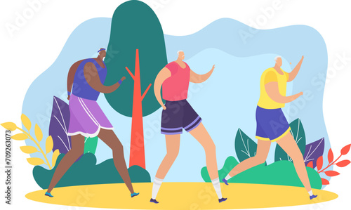 Three senior adults jogging together in a park setting. Elderly fitness, active lifestyle, workout, seniors exercising outdoors. Retirement health and well-being vector illustration.