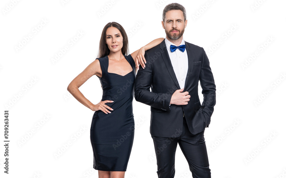 Woman and man at date. Romantic love. Valentines day. Elegantly dressed couple. Formal man and woman. Couple is posing. Elegant couple in formal clothes isolated on white. Sophisticated couple Woman and man at date. Romantic love. Valentines day. Elegantly dressed couple. Formal man and woman. Couple is posing. Elegant couple in formal clothes isolated on white. Sophisticated couple