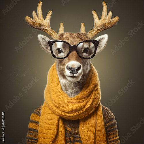 a deer in glasses and scarf, in the style of realistic images created with Generative Ai © Andrii Yablonskyi