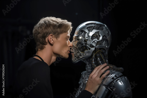 artificial intelligence ai in online dating with humans in a relationship with a robot cyborg love machine finding love through technology concept illustration © James