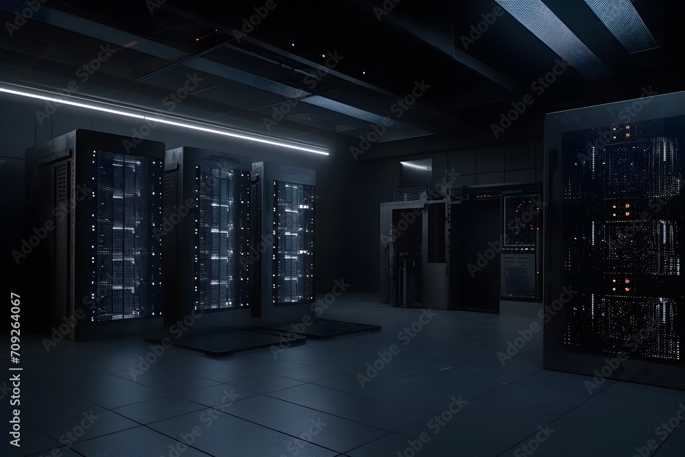 Shot of Data Center With Multiple Rows of Fully Operational Server Racks. Modern Telecommunications. Neural network AI generated art Shot of Data Center With Multiple Rows of Fully Operational Server Racks. Modern Telecommunications. Neural network AI generated art