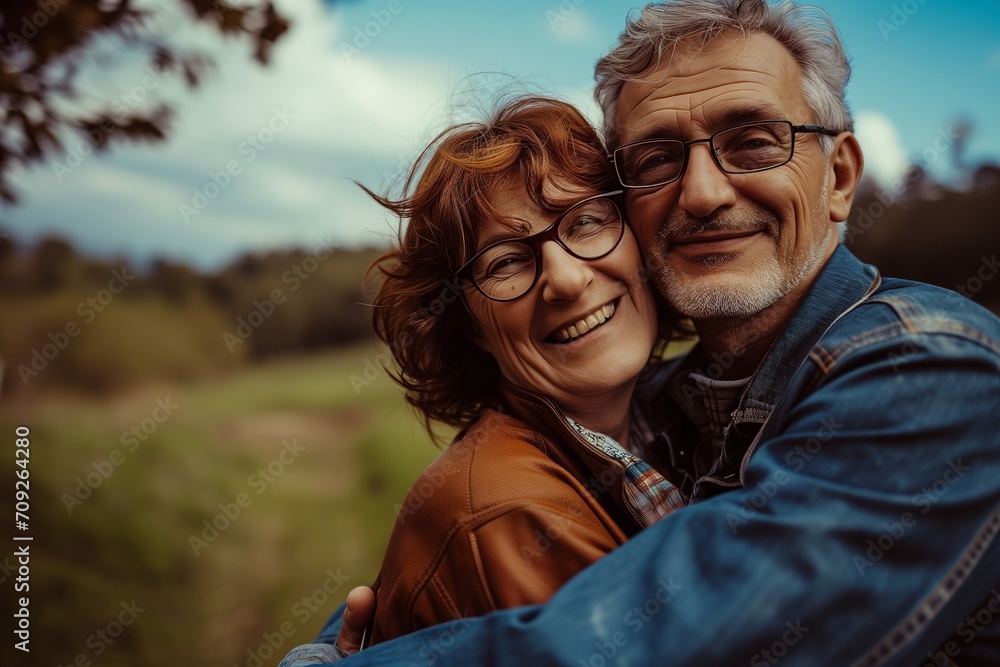 55 years old woman and 60 years old man looking happy and loving outdoor