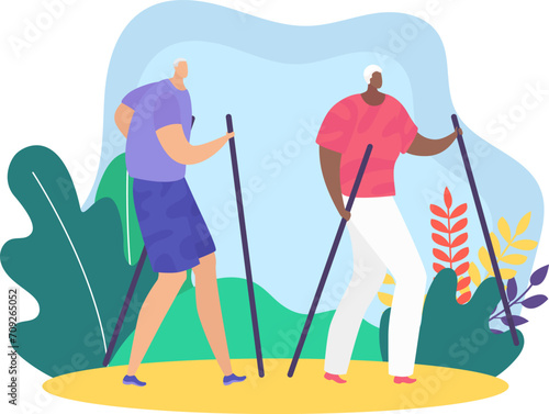 Two senior men hiking with walking sticks, one is bald, another is wearing a hat. Friendship and active elderly lifestyle. Outdoor leisure activity vector illustration.