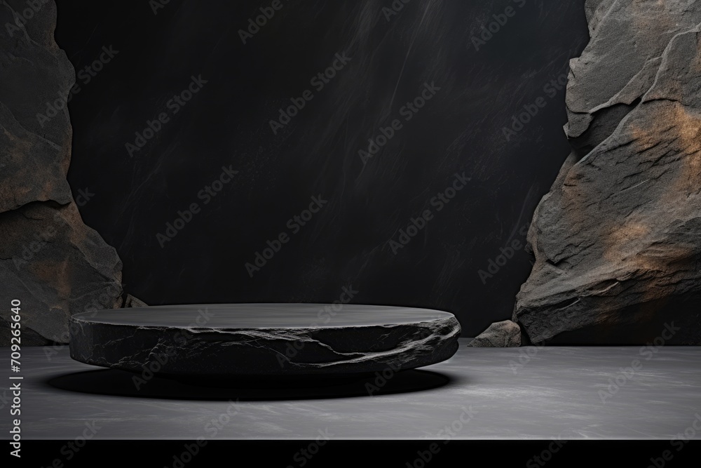 Luxury natural dark stone podium for showing packaging and display product on black background. - obrazy, fototapety, plakaty 