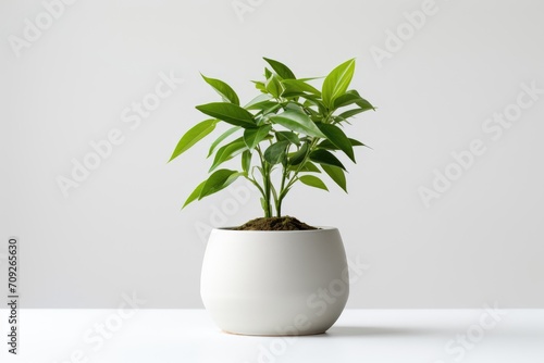 Green plant in white pot on white background.