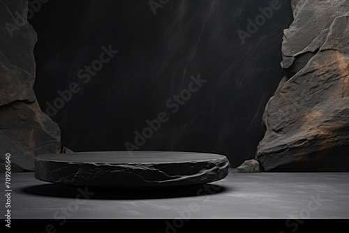 Luxury natural dark stone podium for showing packaging and display product on black background.