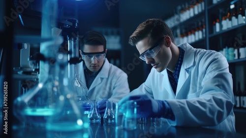 Researchers working in a modern pharmaceutical laboratory. Research and creation of innovative in a laboratory of a research institute. Creation of innovative medicines and vaccines.