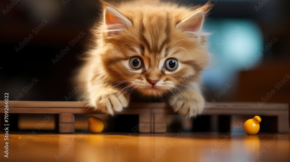 Portrait of a Cute Kitten Sitting on a Table and Looking at the Camera