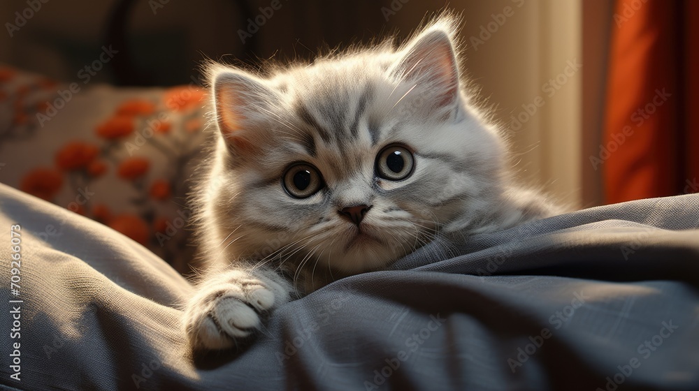 Curious Cat Relaxing on Sofa: Close-up Portrait of Domestic Feline Companion