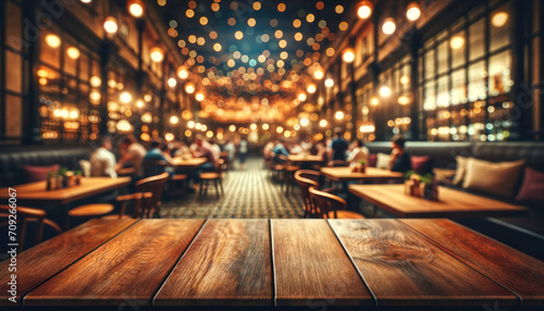 Empty wooden table with blur bokeh restaurant cafe background