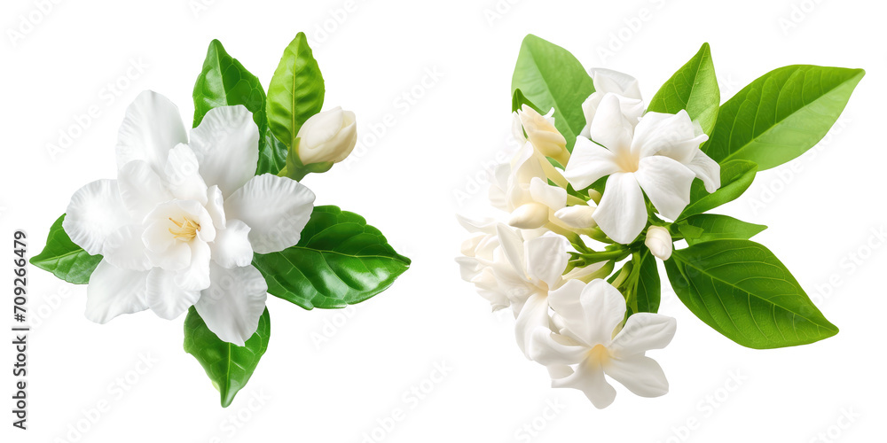 Fototapeta premium Set of white jasmine flowers isolated on white or transparent background.