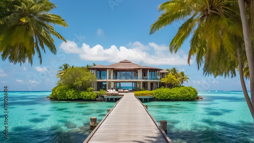 Beautiful villa on an island in the Maldives palm © tanya78