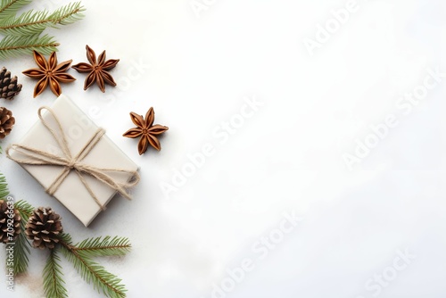 AI generated illustration of a presented gift box adorned with a delicate string, pine cones © Wirestock