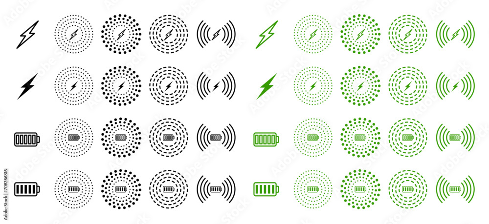 Black and green  wireless phone charger icon set. wireless smartphone charge symbol set. - obrazy, fototapety, plakaty 