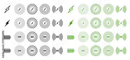 Black and green  wireless phone charger icon set. wireless smartphone charge symbol set. photo