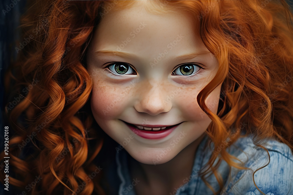 portrait of a little red-haired girl with blue eyes, a red-haired child portrait of a little red-haired girl with blue eyes, a red-haired child