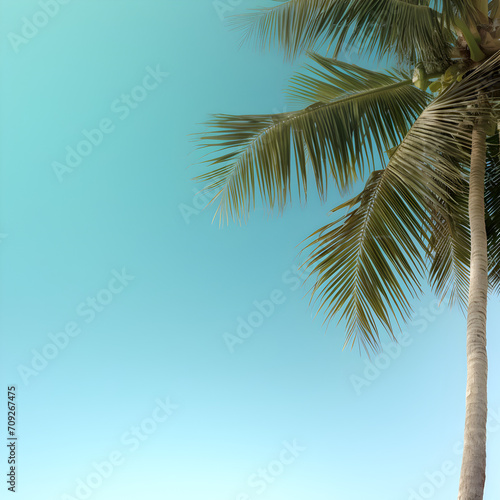 Blue background with a palm tree on the side with room for text 