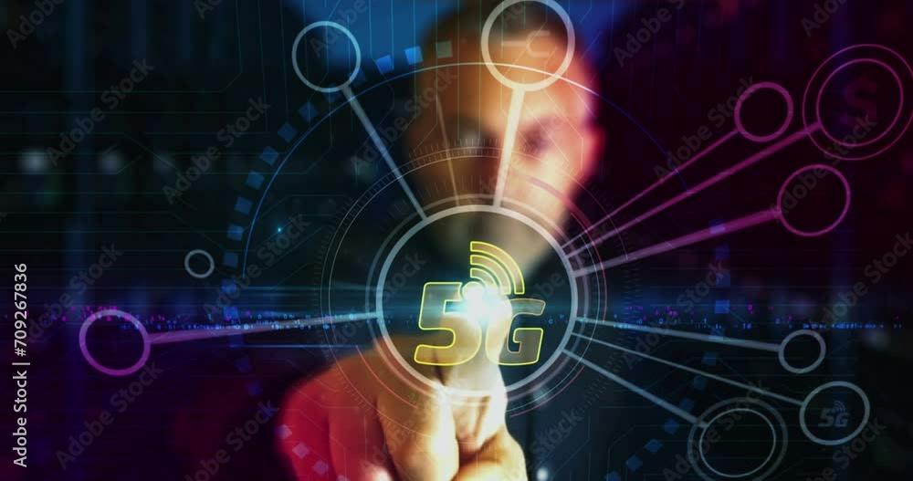 5G mobile network technology iot and smartphone communication symbol digital abstract 3d concept. Finger touch screen. Cyber technology and network background. Man pushes computer display. 5G mobile network technology iot and smartphone communication symbol digital abstract 3d concept. Finger touch screen. Cyber technology and network background. Man pushes computer display.