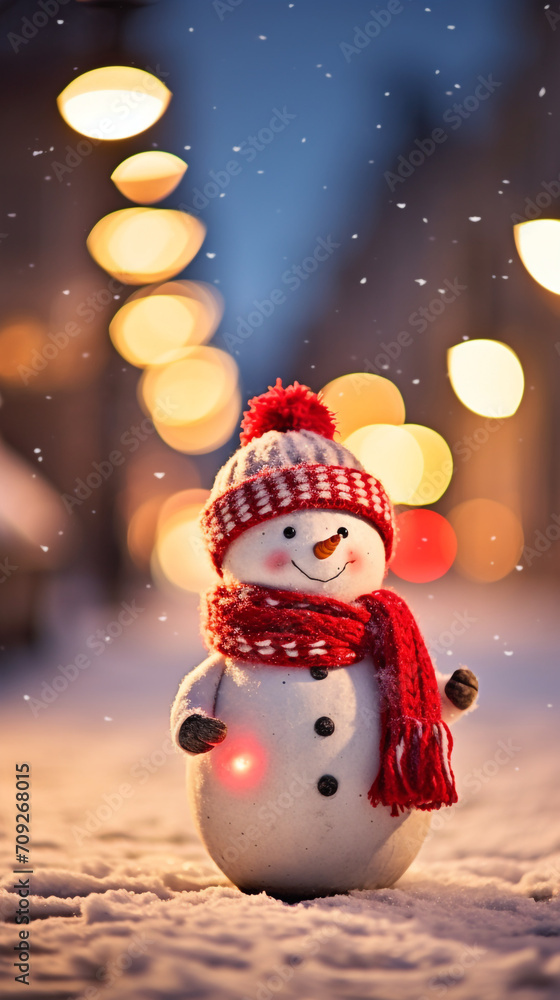 Super cute little snowman in the street, wearing knitted red scarf and beanie hat created with Generative Ai Super cute little snowman in the street, wearing knitted red scarf and beanie hat created with Generative Ai