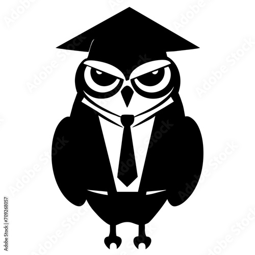 A serious owl wearing a magistracy alumni hat. Symphol of knowledge, silhouette of a bird.  photo