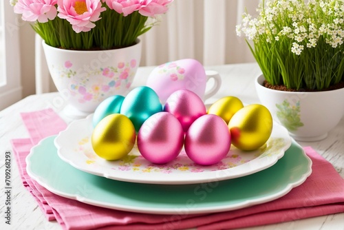 Easter table setting with colored eggs and flowers. Selective focus.