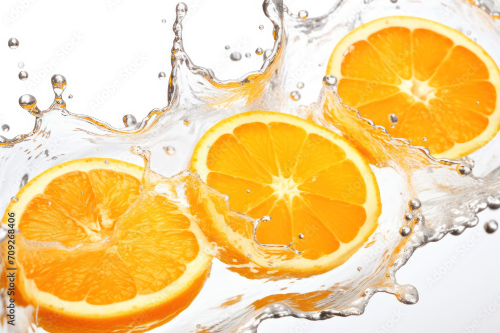 Fresh orange slices with splashed water on white background. Fresh orange slices with splashed water on white background.